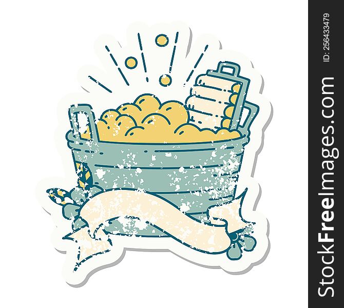 Grunge Sticker Of Tattoo Style Old Washboard And Scrubbing Bowl