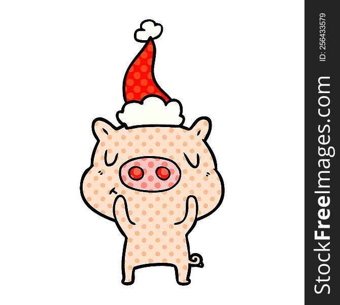 hand drawn comic book style illustration of a content pig wearing santa hat