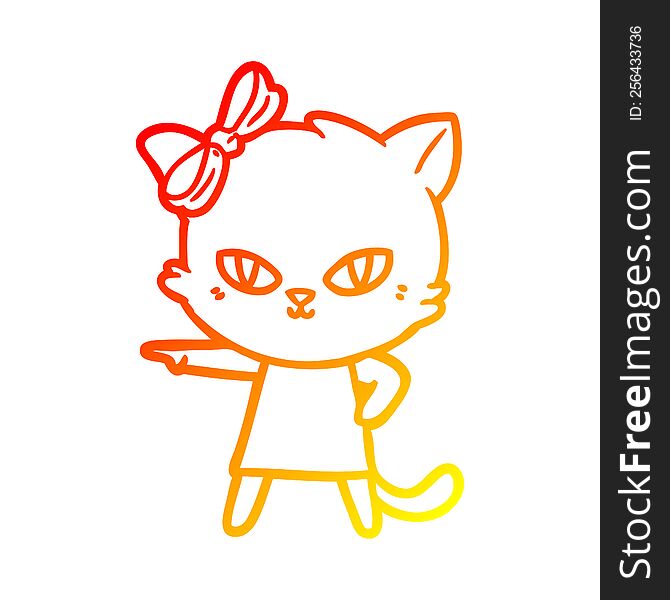 warm gradient line drawing of a cute cartoon cat wearing dress