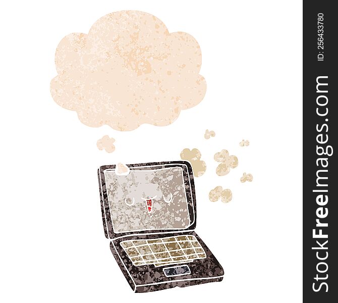 cartoon computer with thought bubble in grunge distressed retro textured style. cartoon computer with thought bubble in grunge distressed retro textured style