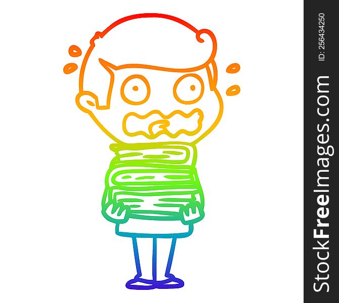 rainbow gradient line drawing of a cartoon man with books totally stressed out