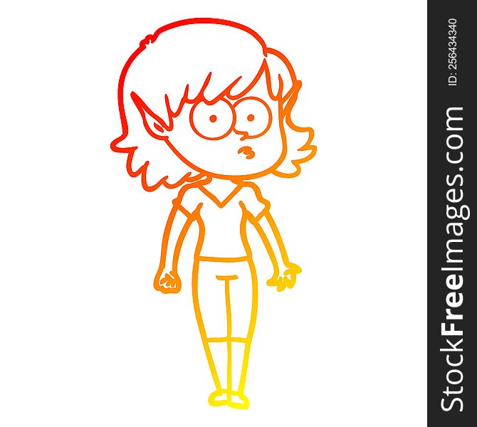 warm gradient line drawing of a cartoon elf girl staring