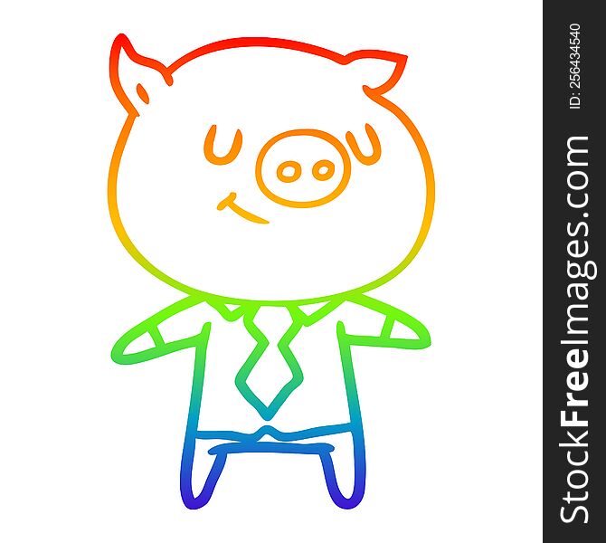 rainbow gradient line drawing of a happy cartoon smart pig