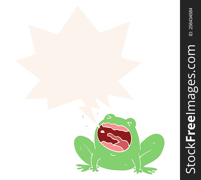 cartoon frog shouting and speech bubble in retro style