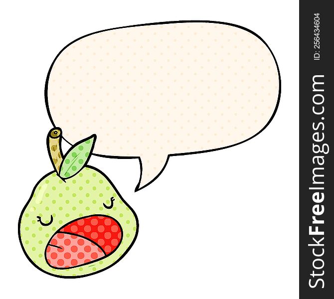 cute cartoon pear with speech bubble in comic book style