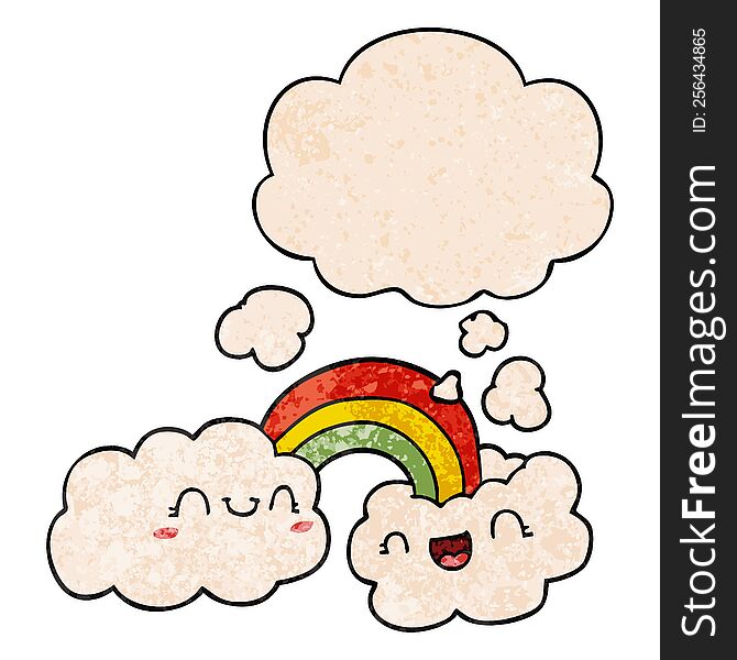 happy cartoon clouds and rainbow and thought bubble in grunge texture pattern style