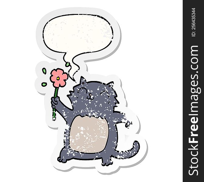 cartoon cat with flower with speech bubble distressed distressed old sticker. cartoon cat with flower with speech bubble distressed distressed old sticker