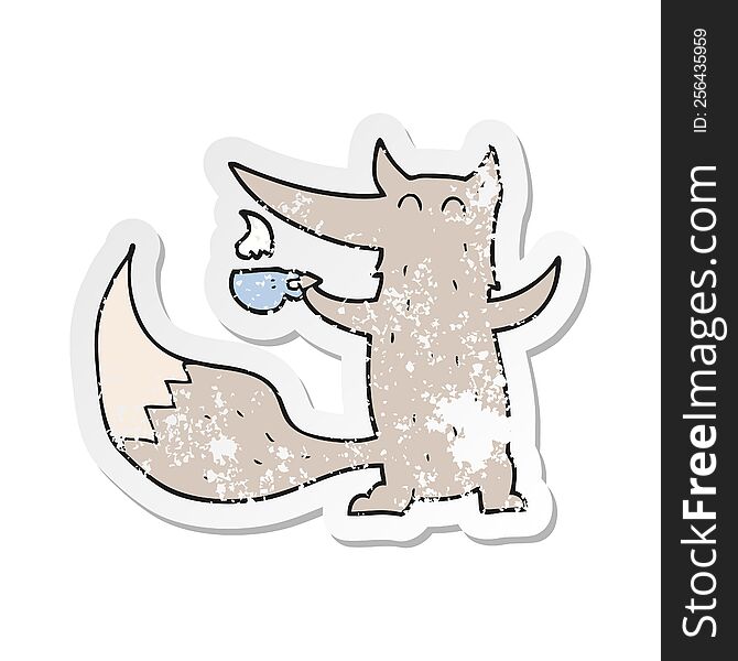 Retro Distressed Sticker Of A Cartoon Wolf With Coffee Cup