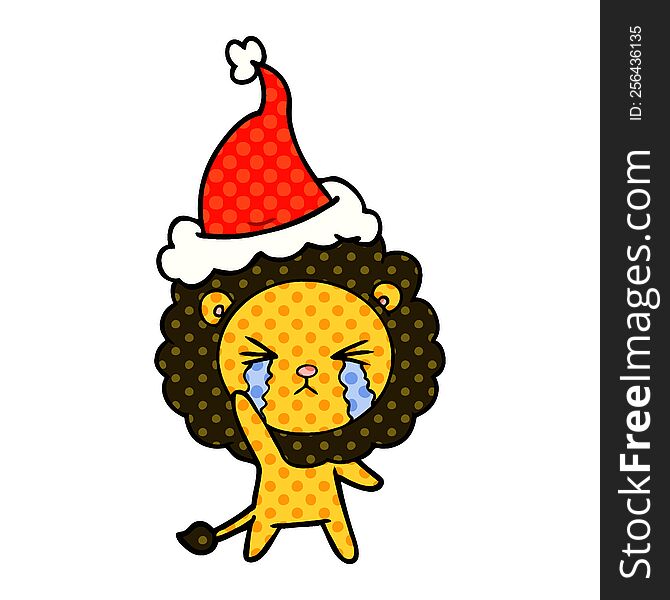 hand drawn comic book style illustration of a crying lion wearing santa hat