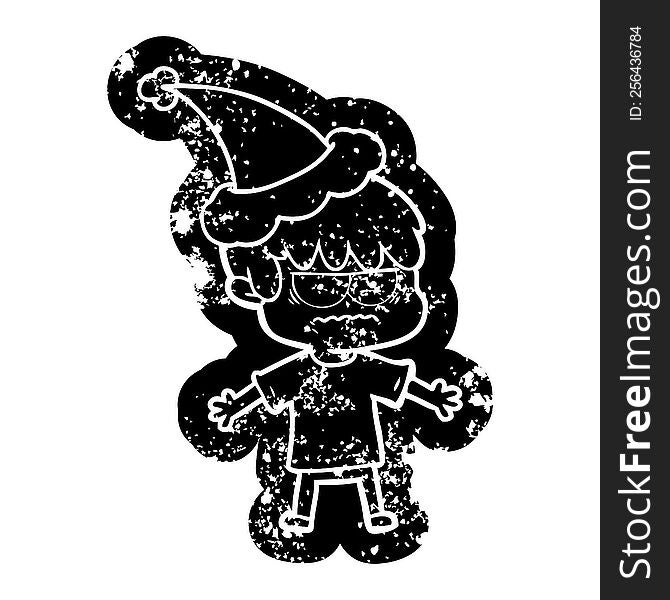 annoyed quirky cartoon distressed icon of a boy wearing santa hat