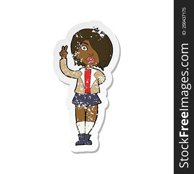 retro distressed sticker of a cartoon cool girl giving peace sign