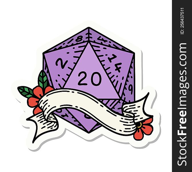 sticker of a natural twenty D20 dice roll. sticker of a natural twenty D20 dice roll