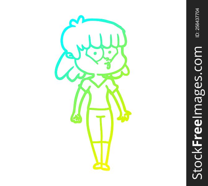 Cold Gradient Line Drawing Cartoon Whistling Girl
