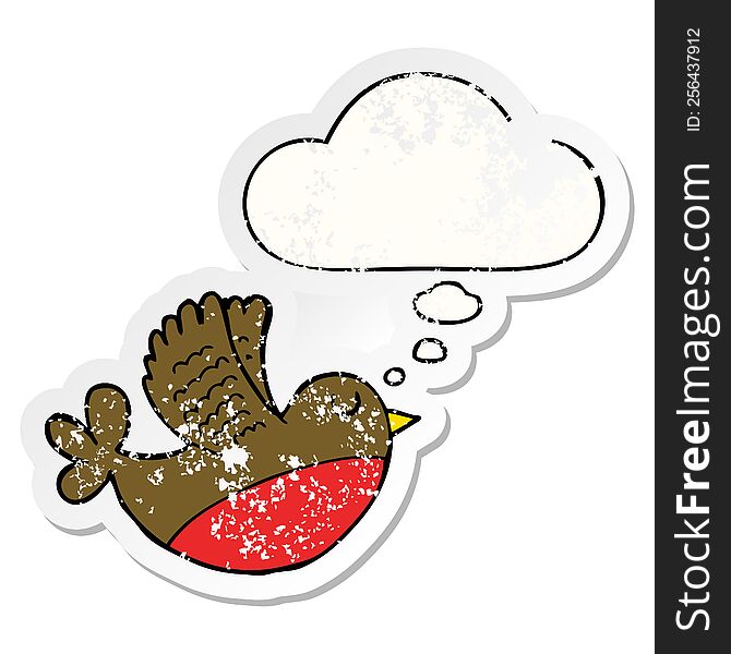 cartoon flying bird with thought bubble as a distressed worn sticker