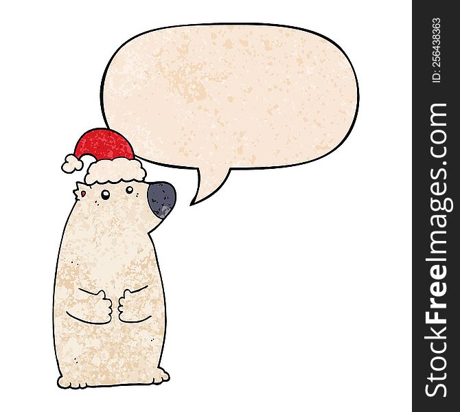 Cartoon Bear Wearing Christmas Hat And Speech Bubble In Retro Texture Style