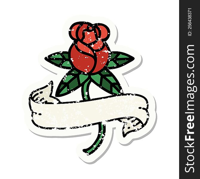 Traditional Distressed Sticker Tattoo Of A Rose And Banner