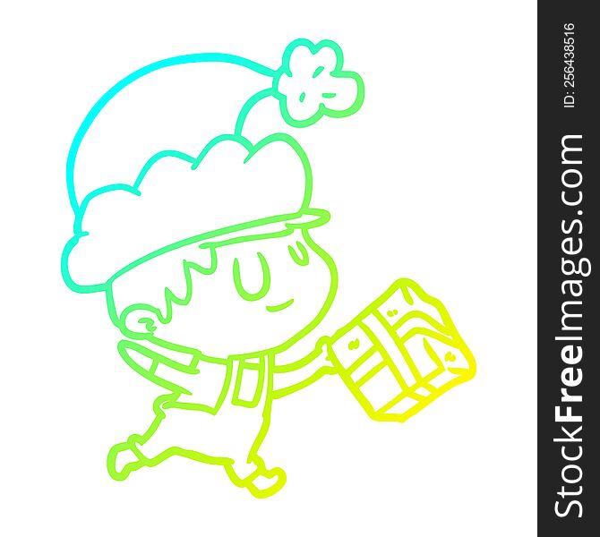 Cold Gradient Line Drawing Happy Christmas Elf With Present