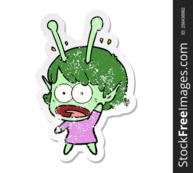 Distressed Sticker Of A Cartoon Shocked Alien Girl