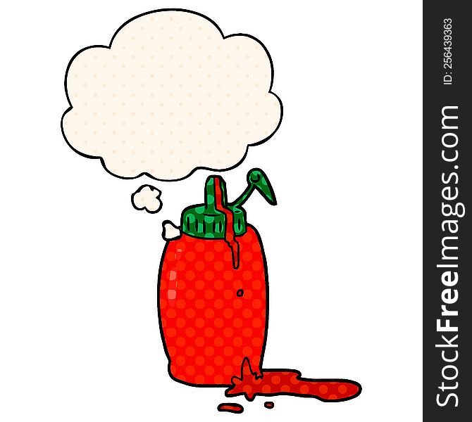 cartoon ketchup bottle with thought bubble in comic book style