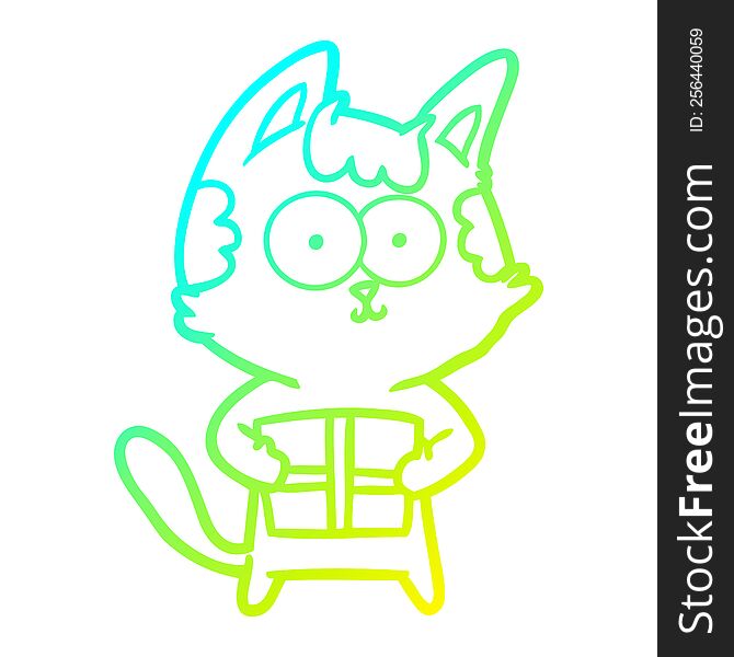 Cold Gradient Line Drawing Happy Cartoon Cat With Present