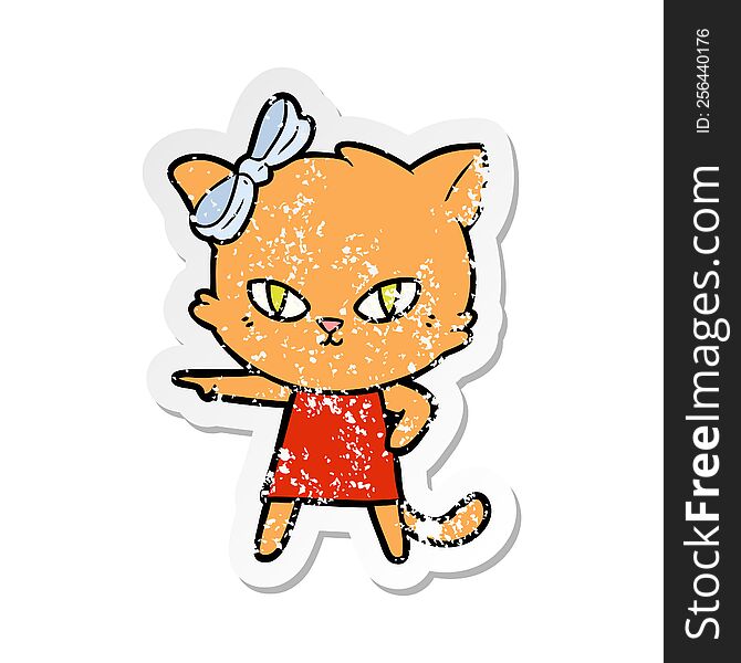 Distressed Sticker Of A Cute Cartoon Cat Wearing Dress