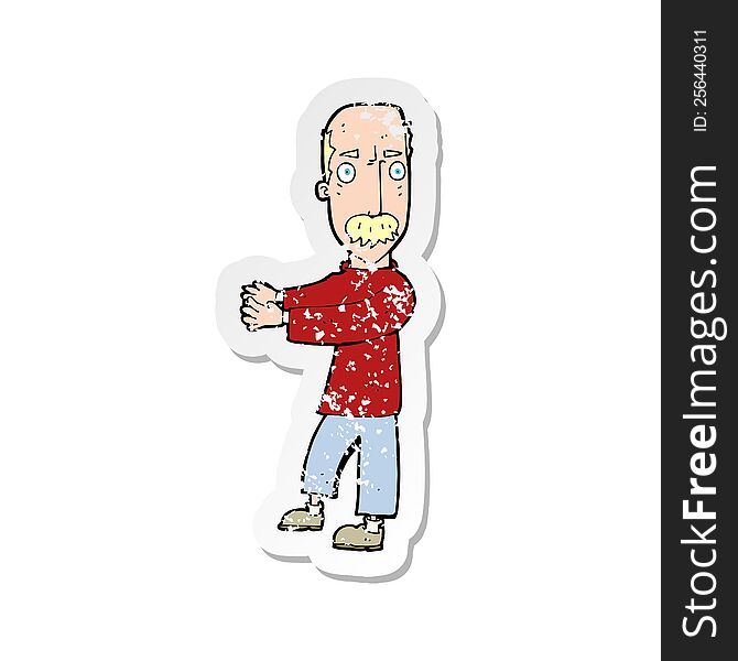 retro distressed sticker of a cartoon balding man explaining