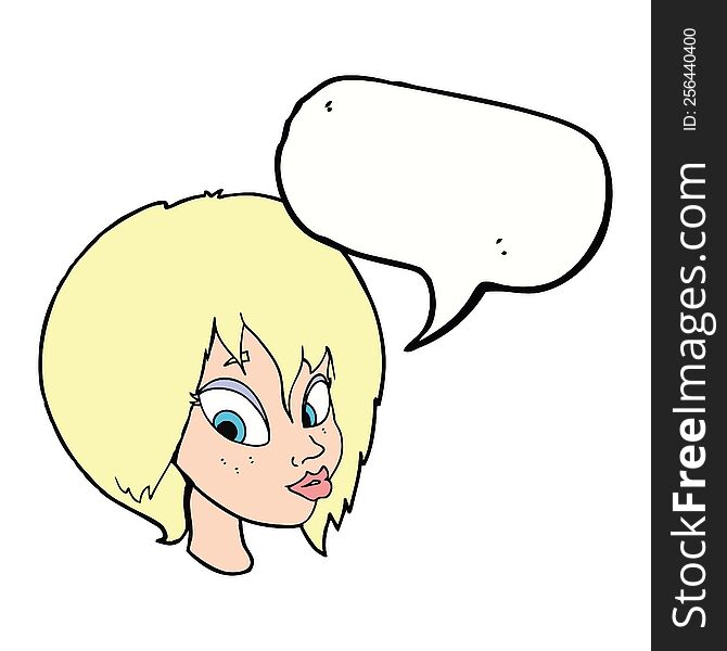 Cartoon Pretty Female Face Pouting With Speech Bubble