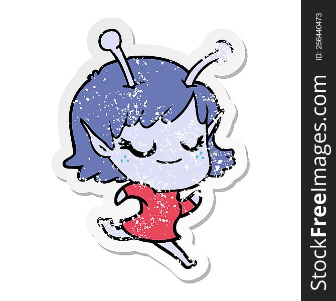 distressed sticker of a smiling alien girl cartoon running