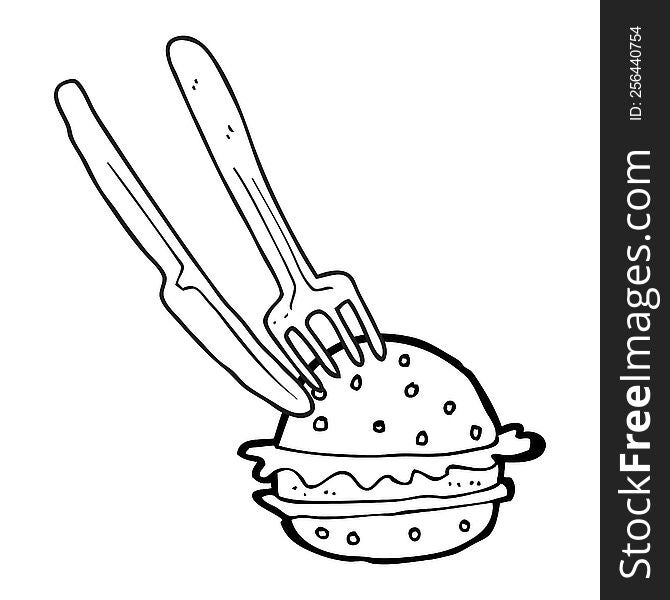 freehand drawn black and white cartoon knife and fork cutting burger. freehand drawn black and white cartoon knife and fork cutting burger