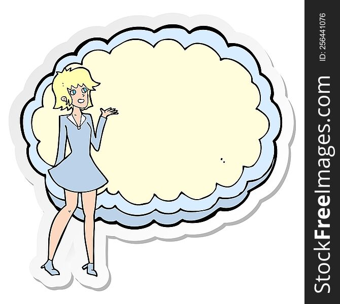 sticker of a cartoon friendly woman with cloud text space