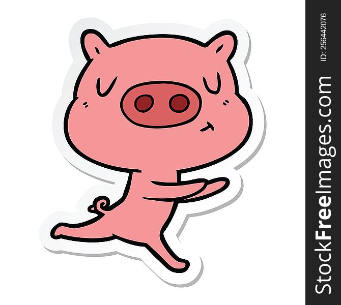 Sticker Of A Cartoon Content Pig Running