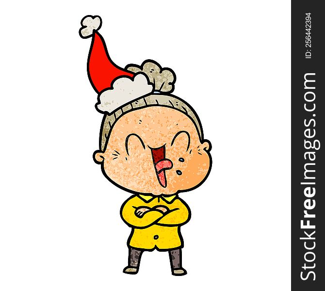Textured Cartoon Of A Happy Old Woman Wearing Santa Hat