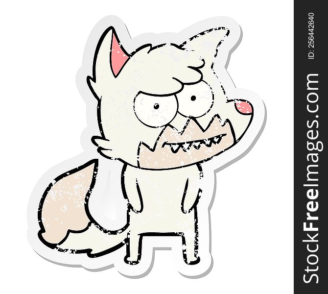 distressed sticker of a cartoon grinning fox