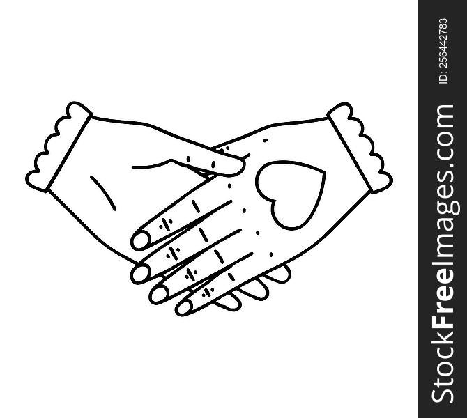 tattoo in black line style of a pair of hands. tattoo in black line style of a pair of hands