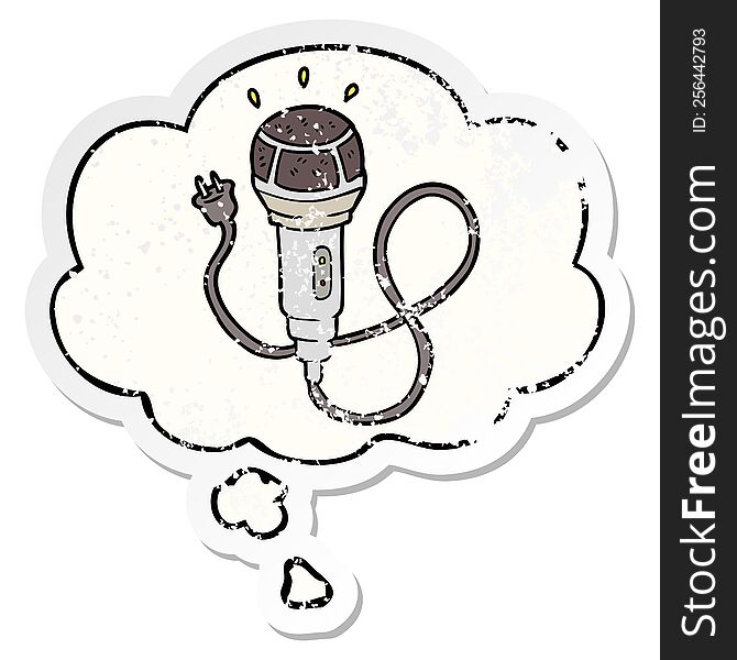 cartoon microphone with thought bubble as a distressed worn sticker