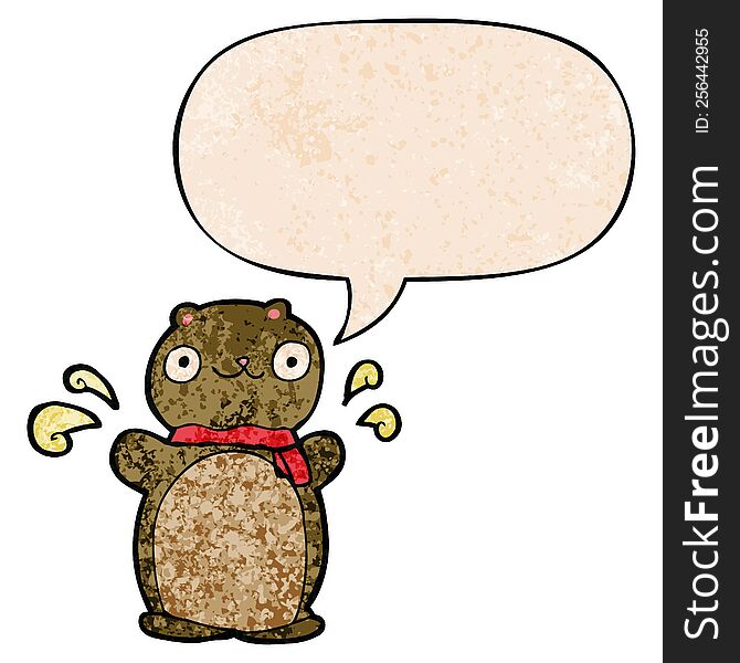 Cartoon Happy Teddy Bear And Speech Bubble In Retro Texture Style