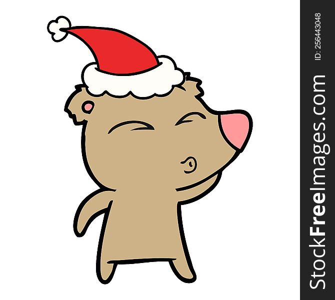Line Drawing Of A Whistling Bear Wearing Santa Hat