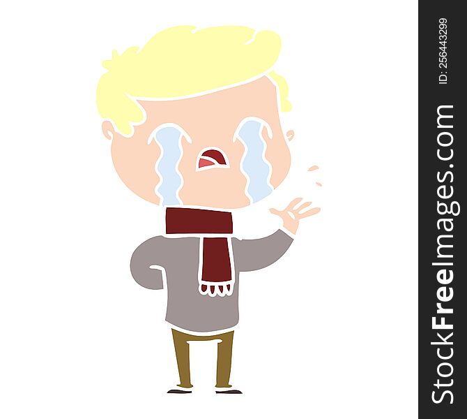 flat color style cartoon man crying wearing winter scarf