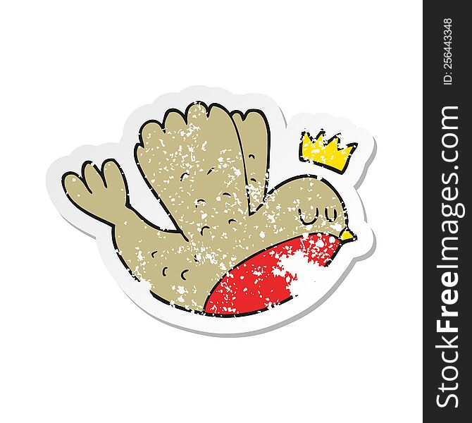 Retro Distressed Sticker Of A Cartoon Flying Christmas Robin With Crown
