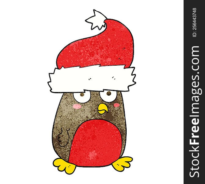 Textured Cartoon Christmas Robin Wearing Santa Hat