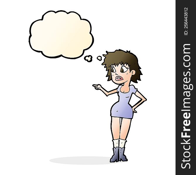 Cartoon Worried Woman In Dress Pointing With Thought Bubble