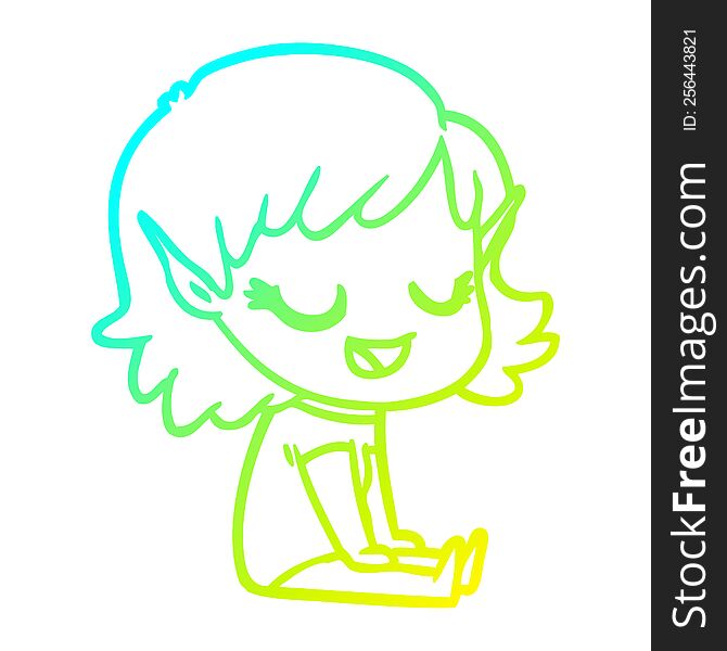 Cold Gradient Line Drawing Happy Cartoon Elf Girl Sitting On Floor