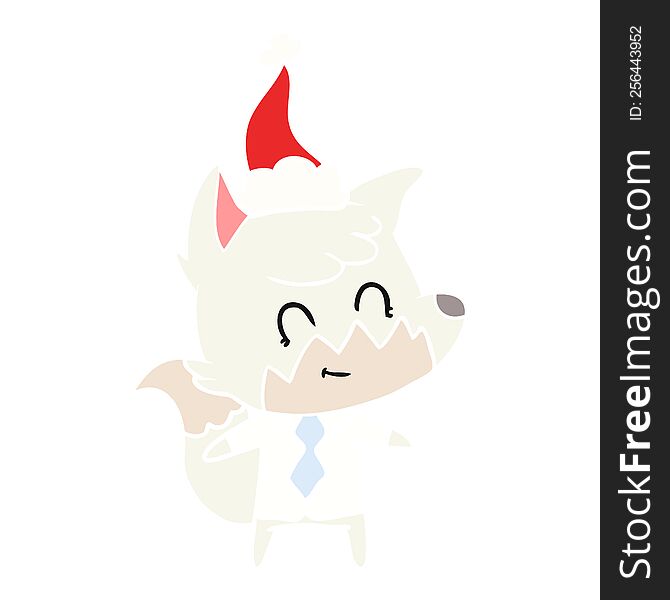 Flat Color Illustration Of A Friendly Fox Wearing Santa Hat