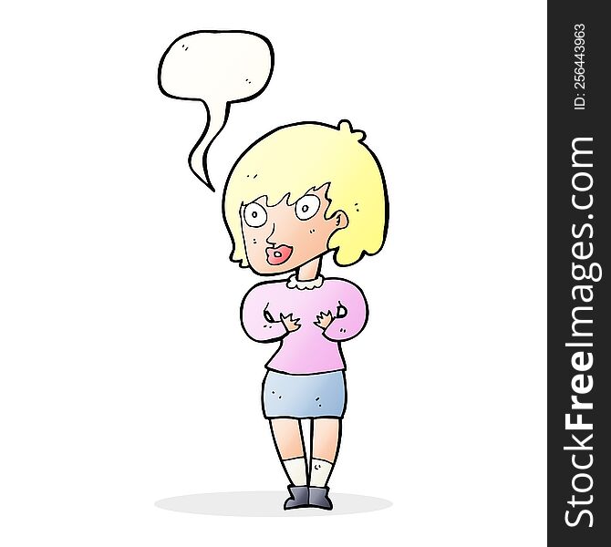 cartoon woman making Who Me? gesture with speech bubble