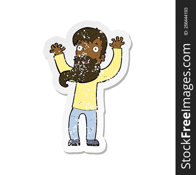 Retro Distressed Sticker Of A Cartoon Excited Man With Beard