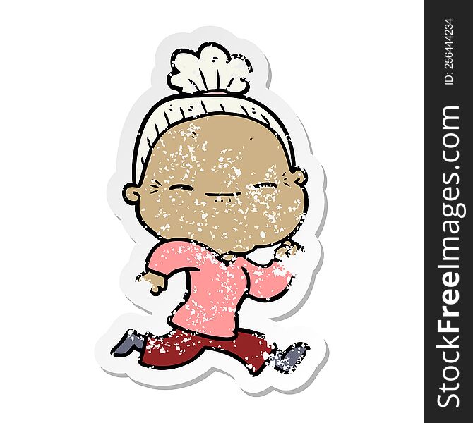 distressed sticker of a cartoon peaceful old woman