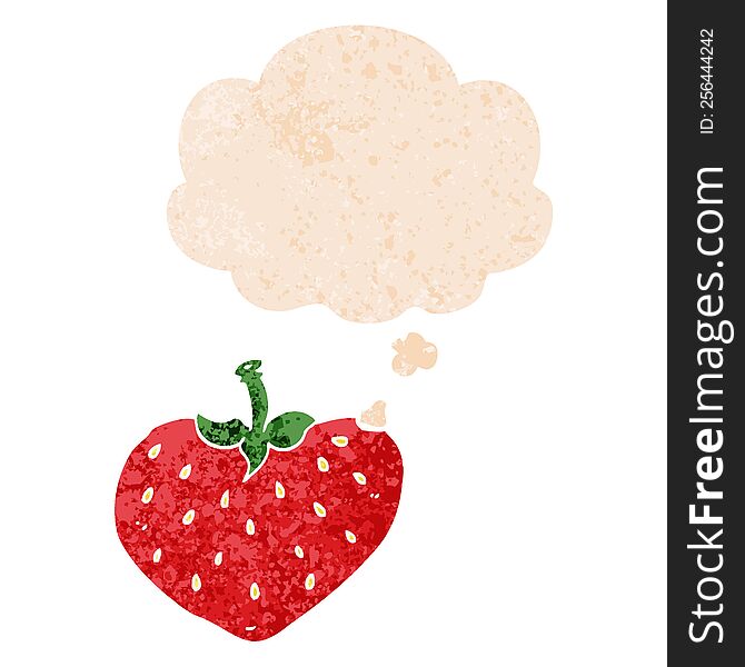 Cartoon Strawberry And Thought Bubble In Retro Textured Style