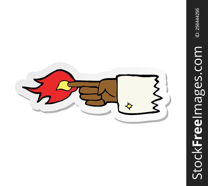 sticker of a cartoon flaming pointing finger symbol