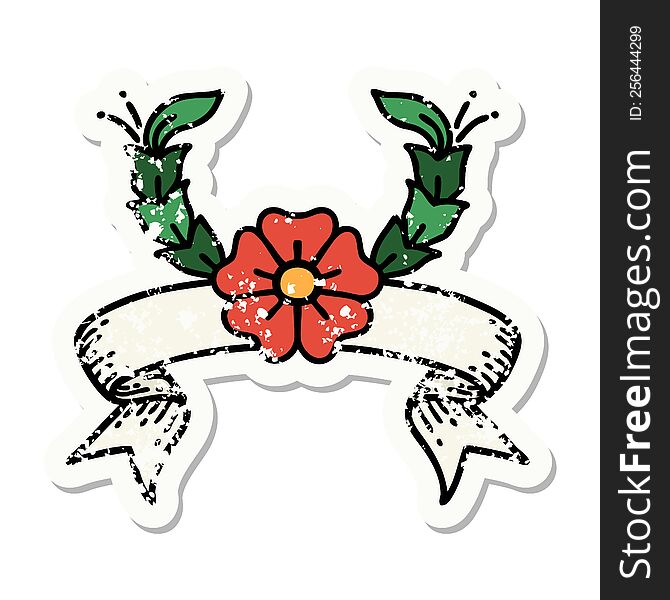 Grunge Sticker With Banner Of A Decorative Flower