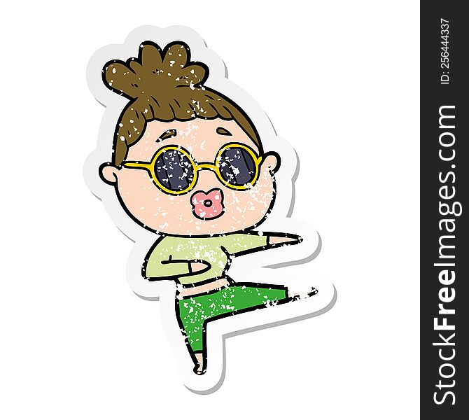 distressed sticker of a cartoon dancing woman wearing sunglasses